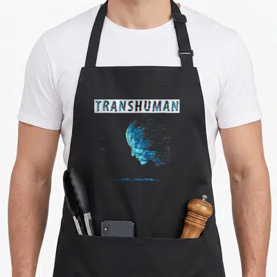 Tablier de cuisine noir avec l'inscription Transhuman et une aile digitale bleue en style glitch cyberpunk.