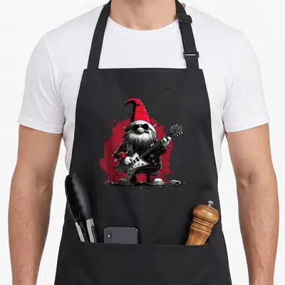 Tablier de cuisine noir avec illustration d'un nain de Noël en métal jouant d'une guitare électrique sur fond rouge.