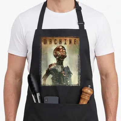 Tablier de cuisine noir avec illustration robotique et texte MACHINE en typographie stylisée.