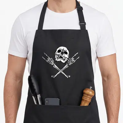 Tablier de cuisine noir avec un crâne, des os croisés et deux mains squelettiques en geste de metal.