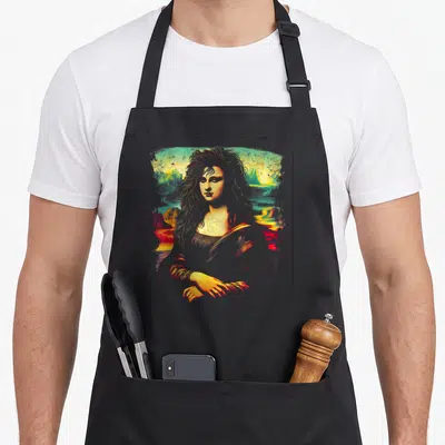 Tablier de cuisine noir avec une illustration colorée de la Mona Lisa rockeur aux cheveux longs et regard intense.