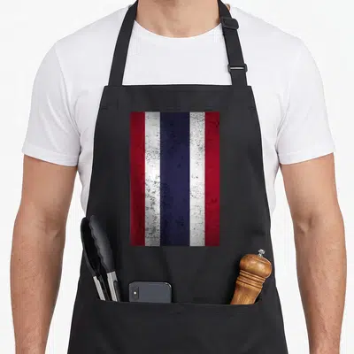 Tablier de cuisine noir avec drapeau Thaïlande vintage grunge aux bandes rouges blanches et bleues.