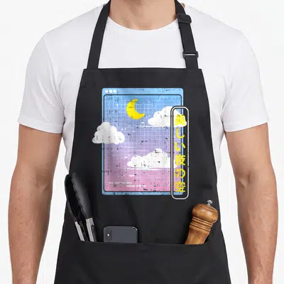 Tablier de cuisine noir avec illustration vaporwave lune adorable pastel goth et nuages blancs.