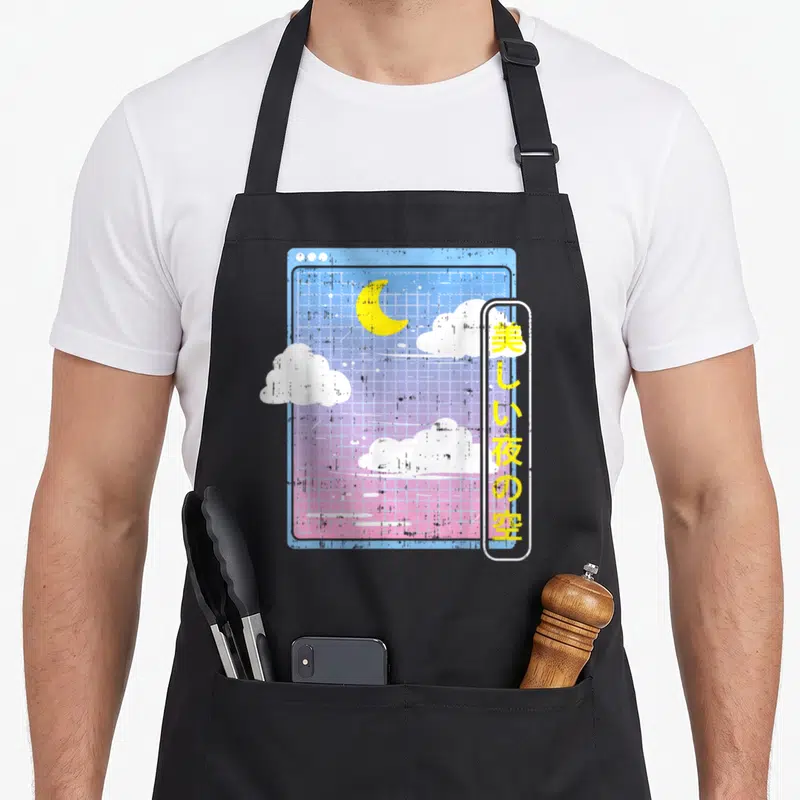 Tablier de cuisine noir avec illustration vaporwave lune adorable pastel goth et nuages blancs.