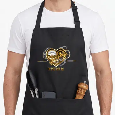 Tablier de cuisine noir avec un coeur mécanique steampunk doré et l'inscription Depre88ure en dessous.