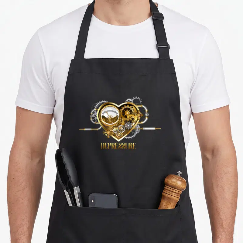 Tablier de cuisine noir avec un coeur mécanique steampunk doré et l'inscription Depre88ure en dessous.