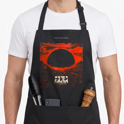 Tablier de cuisine noir avec un grand œil rouge stylisé et le titre Akira en bas du motif imprimé.