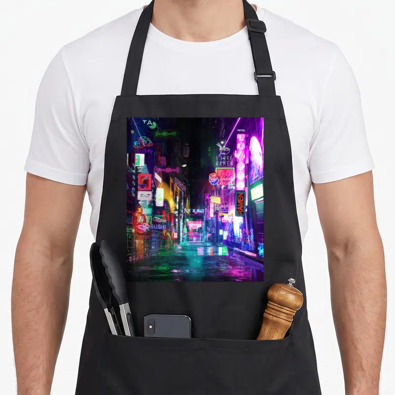 Tablier de cuisine noir avec une illustration de rue nocturne Tokyo japonaise aux enseignes lumineuses sushi et ramen colorées.