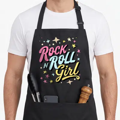 Tablier de cuisine noir avec l'inscription Rock N Roll Girl entourée d'étoiles multicolores dans un style rétro.