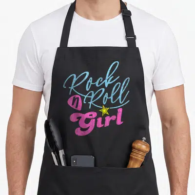 Tablier de cuisine noir avec inscription Rock N Roll Fille en bleu et rose et une étoile jaune.