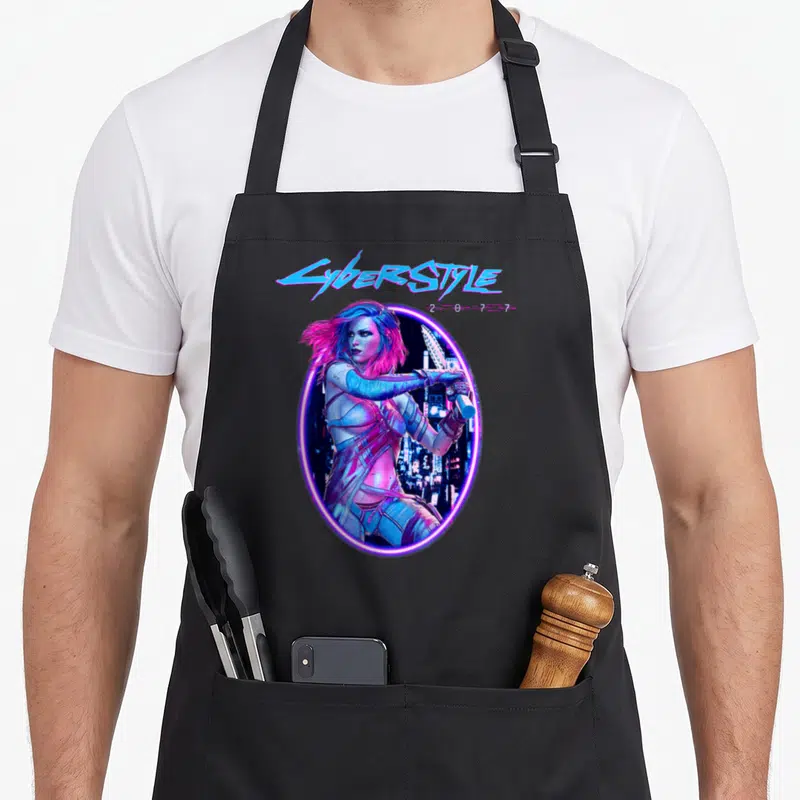 Tablier de cuisine noir avec une illustration d'une femme cyberpunk aux cheveux bicolores encadrée par un ovale lumineux violet.