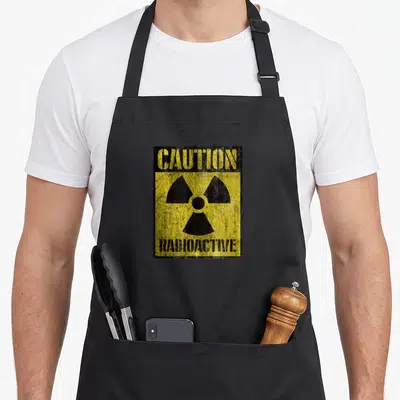 Tablier de cuisine noir avec panneau jaune CAUTION RADIOACTIVE style grunge après-apocalypse