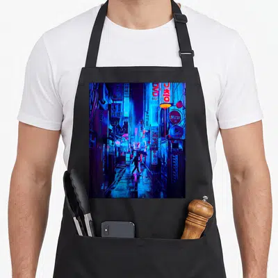 Tablier de cuisine noir avec illustration d'une rue de Séoul aux néons bleus et silhouettes sous la pluie.