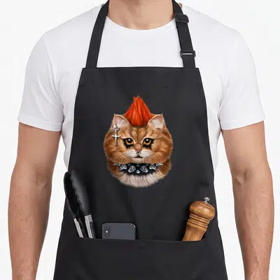 Tablier de cuisine noir avec illustration de chat punk au mohawk orange et collier clouté.