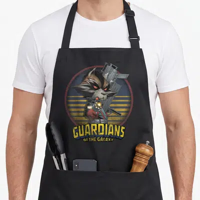Tablier de cuisine noir avec illustration de Rocket Raccoon armé et le texte Guardians of the Galaxy en lettres jaunes.