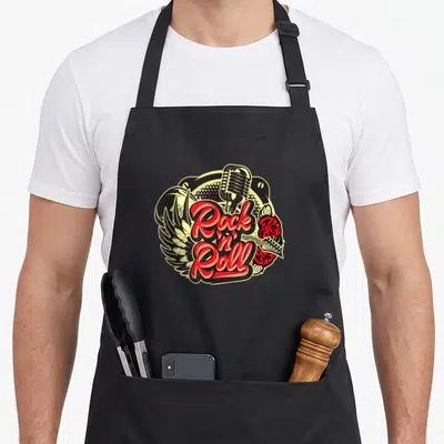 Tablier de cuisine noir avec illustration Rock n Roll micro ailes et roses rouges style vintage