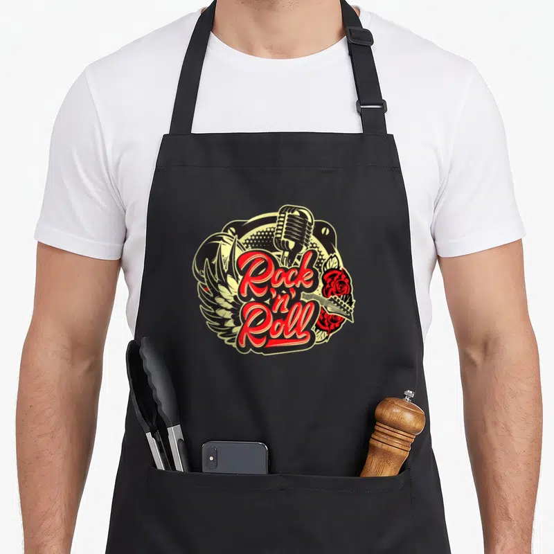 Tablier de cuisine noir avec illustration Rock n Roll micro ailes et roses rouges style vintage