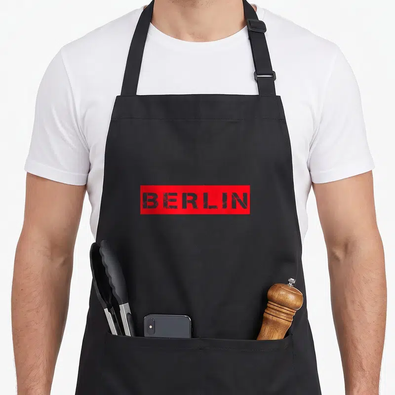 Tablier de cuisine noir avec un rectangle rouge portant l'inscription BERLIN en gris texturé.