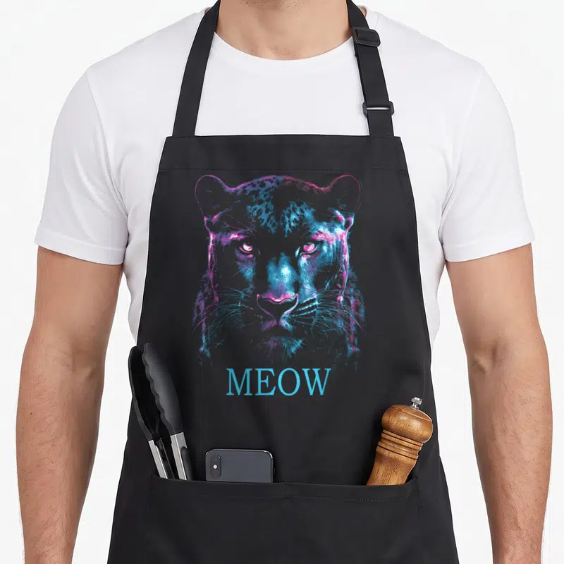 Tablier de cuisine noir avec illustration d'une panthère stylisée cyberpunk et le mot MEOW en bas.