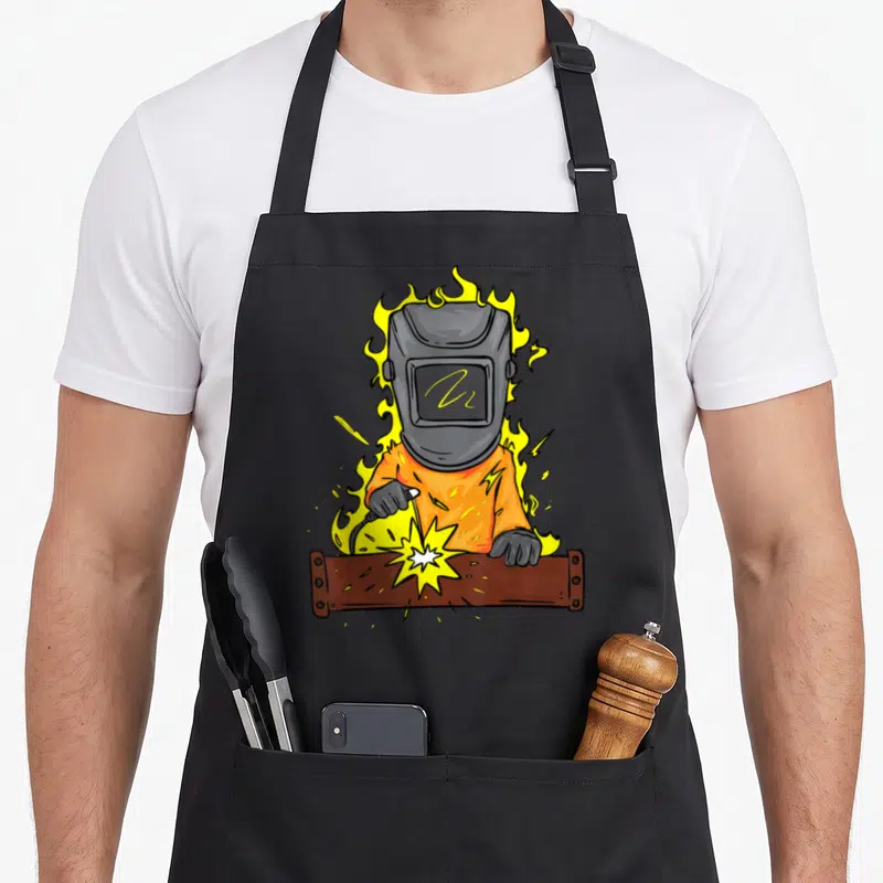 Tablier de cuisine noir avec illustration d'un soudeur enveloppé de flammes jaunes et orange.