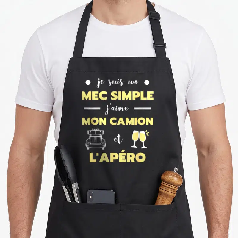 Tablier de cuisine noir avec texte mec simple mon camion et l'apéro illustré d'un véhicule et deux verres.