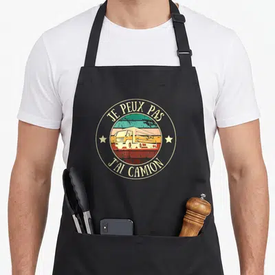 Tablier de cuisine noir avec logo rond Je peux pas j'ai camion et illustration de camion vintage