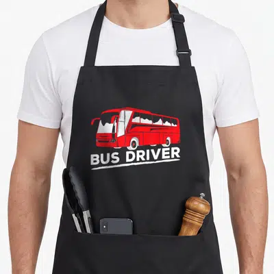 Tablier de cuisine noir avec illustration d'un bus rouge et inscription white BUS DRIVER en bas.