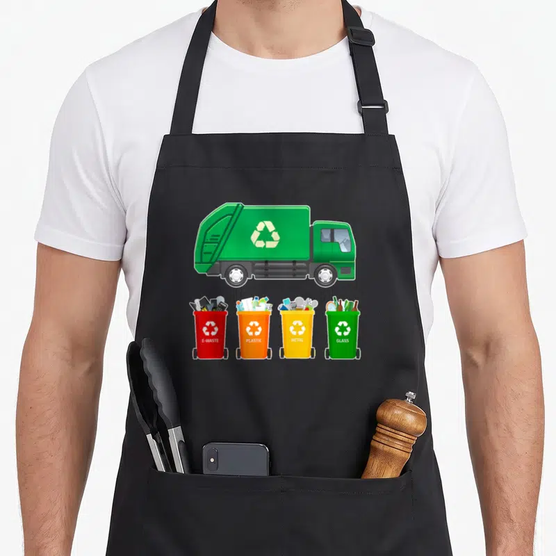 Tablier de cuisine noir avec illustration d'un camion de recyclage vert et quatre bacs de tri colorés.
