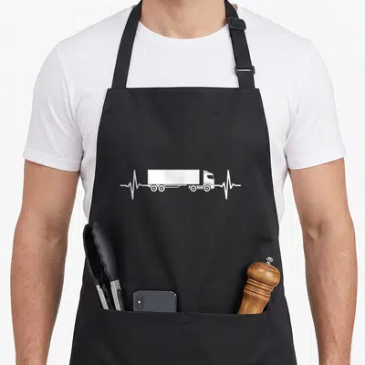 Tablier de cuisine noir avec illustration blanche d'un camion fusionné à une ligne cardiologique.