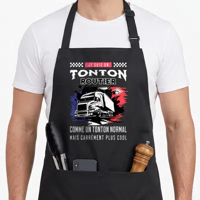 Tablier de cuisine noir avec illustration de camion et texte Je suis un tonton routier comme un tonton normal mais carrément plus cool