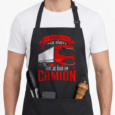Tablier de cuisine noir avec illustration semi-remorque rouge et texte Je ne ronfle pas je rêve que je suis un camion