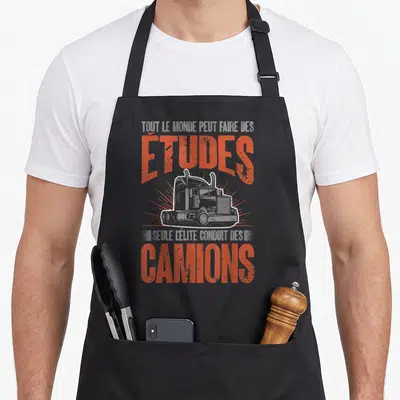 Tablier de cuisine noir avec illustration de camionneur et texte études seule l'élite conduit des camions