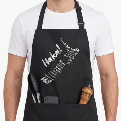 Tablier de cuisine noir avec le mot Haka et des phrases en langue Maori imprimées en blanc.