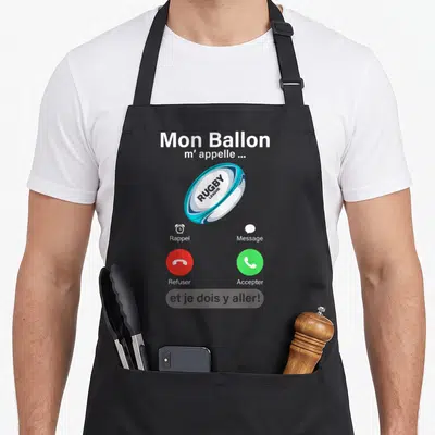 Tablier de cuisine noir avec motif simulation d'appel téléphonique et ballon de rugby bleu blanc portant l'inscription Rugby League.