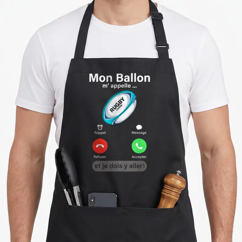 Tablier de cuisine noir avec motif simulation d'appel téléphonique et ballon de rugby bleu blanc portant l'inscription Rugby League.