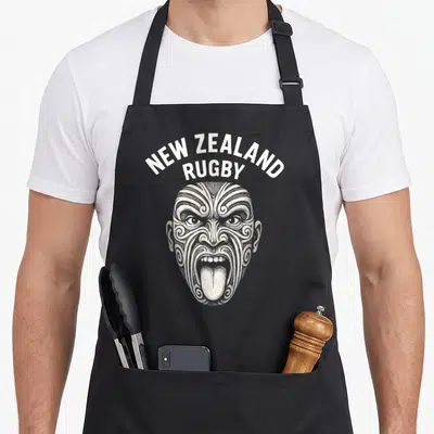 Tablier de cuisine noir avec illustration Haka Maori et texte New Zealand Rugby en haut.