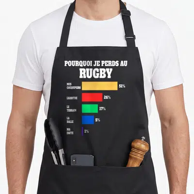 Tablier de cuisine noir avec un graphique coloré expliquant les causes de la défaite au rugby par des barres horizontales.