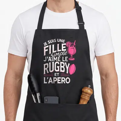 Tablier de cuisine noir avec inscription Je suis une fille simple j'aime le rugby et l'apéro et illustration de verre cocktail rose