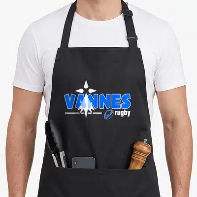 Tablier de cuisine noir avec le logo Vannes Rugby en bleu et blanc sur fond uni.