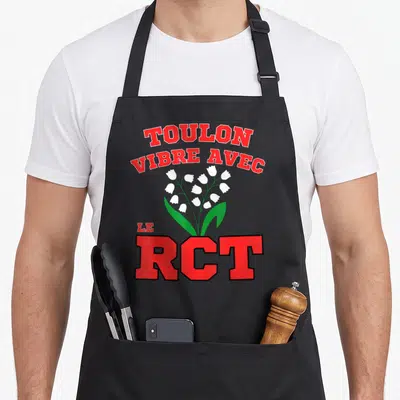 Tablier de cuisine noir avec l'inscription Toulon Vibre avec le RCT et des fleurs blanches