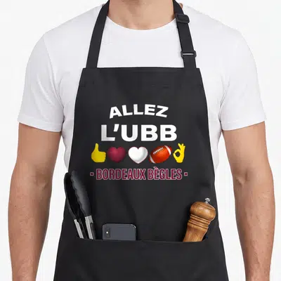 Tablier de cuisine noir avec Allez l'UBB Bordeaux Bègles et symboles de soutien colorés