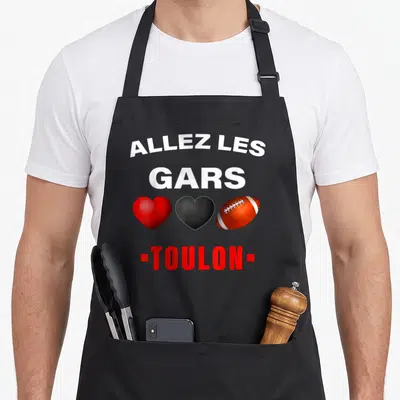 Tablier de cuisine noir avec Allez Les Gars Toulon cœur rouge noir et ballon de rugby orange