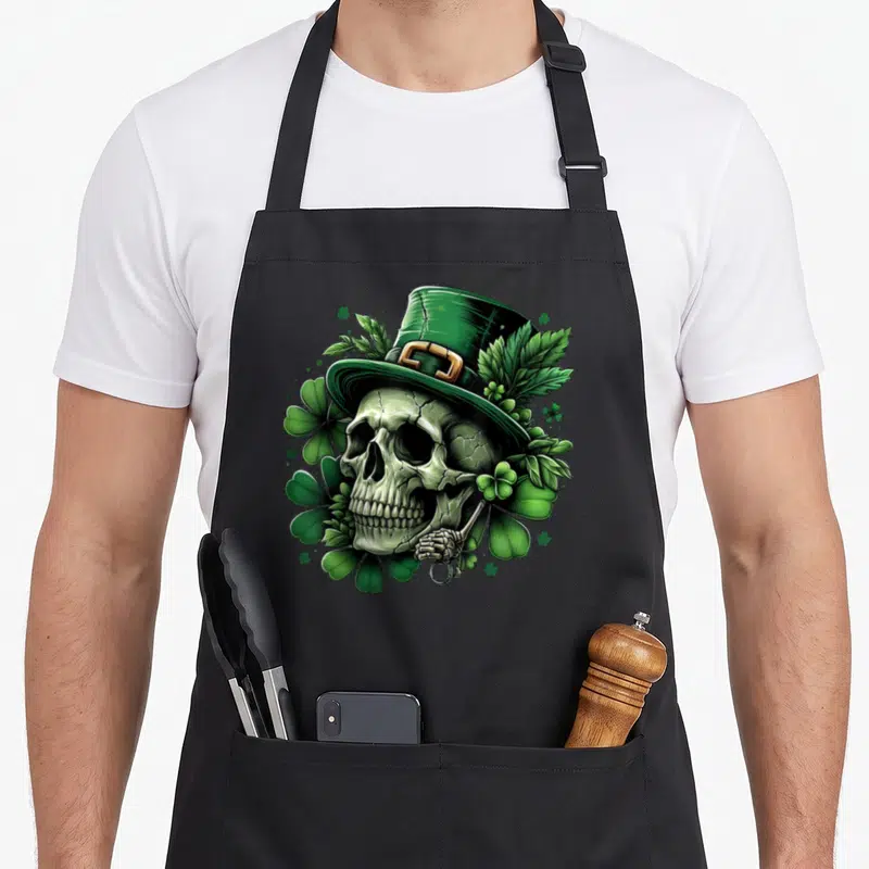 Tablier de cuisine noir avec illustration d'un crâne au chapeau vert entouré de trèfles verts.