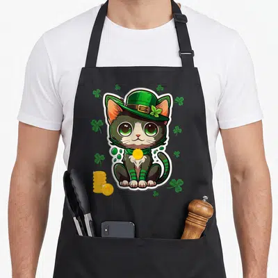 Tablier de cuisine noir avec un chat kawaii au chapeau vert, des trèfles et une pile de pièces d'or imprimés sur le devant.
