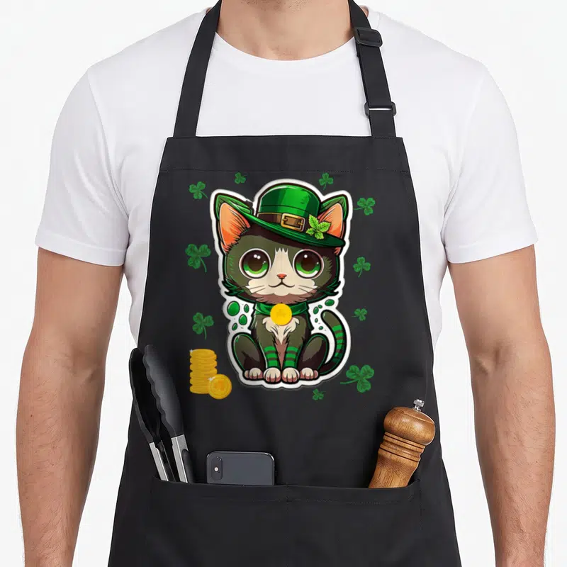 Tablier de cuisine noir avec un chat kawaii au chapeau vert, des trèfles et une pile de pièces d'or imprimés sur le devant.