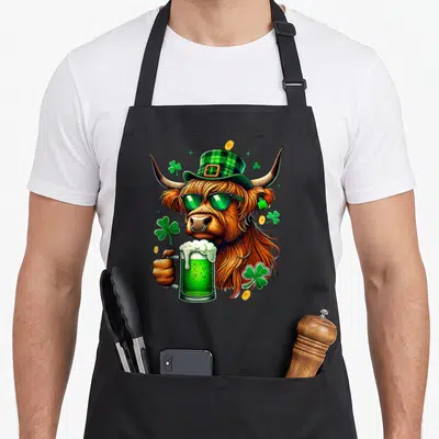 Tablier de cuisine noir avec une vache des Highlands portant un chapeau vert et tenant une bière verte.