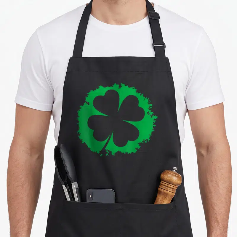 Tablier de cuisine noir avec un grand trèfle vert à quatre feuilles au centre du torse.