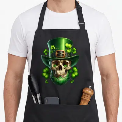 Tablier de cuisine noir avec un crâne irlandais au chapeau vert, des trèfles et une barbe verte stylisée.