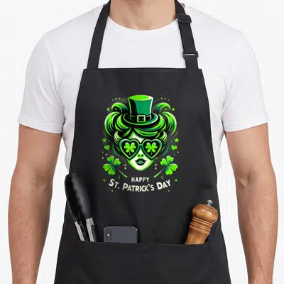 Tablier de cuisine noir avec illustration d'un chignon vert, chapeau haut de forme et lunettes aux trèfles.