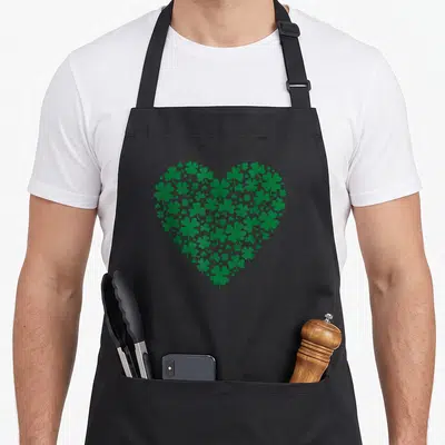 Tablier de cuisine noir avec un grand cœur composé de multiples trèfles verts à trois feuilles superposés.